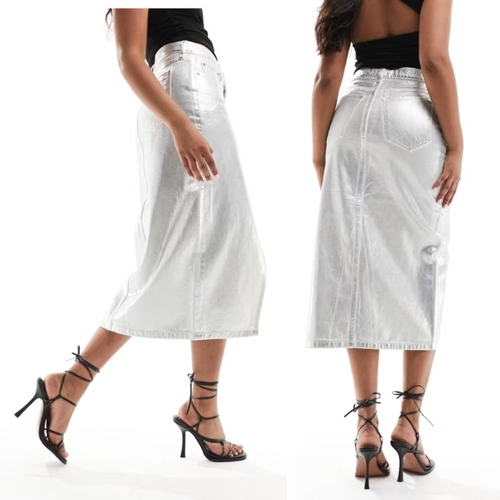 Abercrombie & Fitch High Rise Metallic Silver Coated Denim Midi Skirt 31 / 12 - Picture 3 of 9